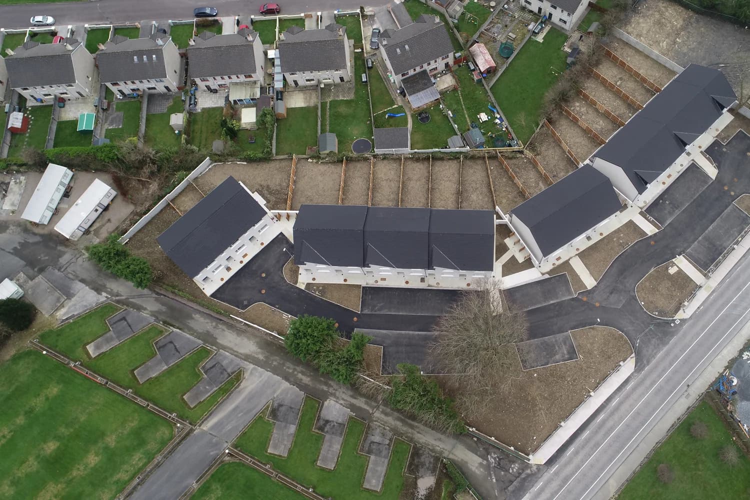 Aerial view of a completed residential development